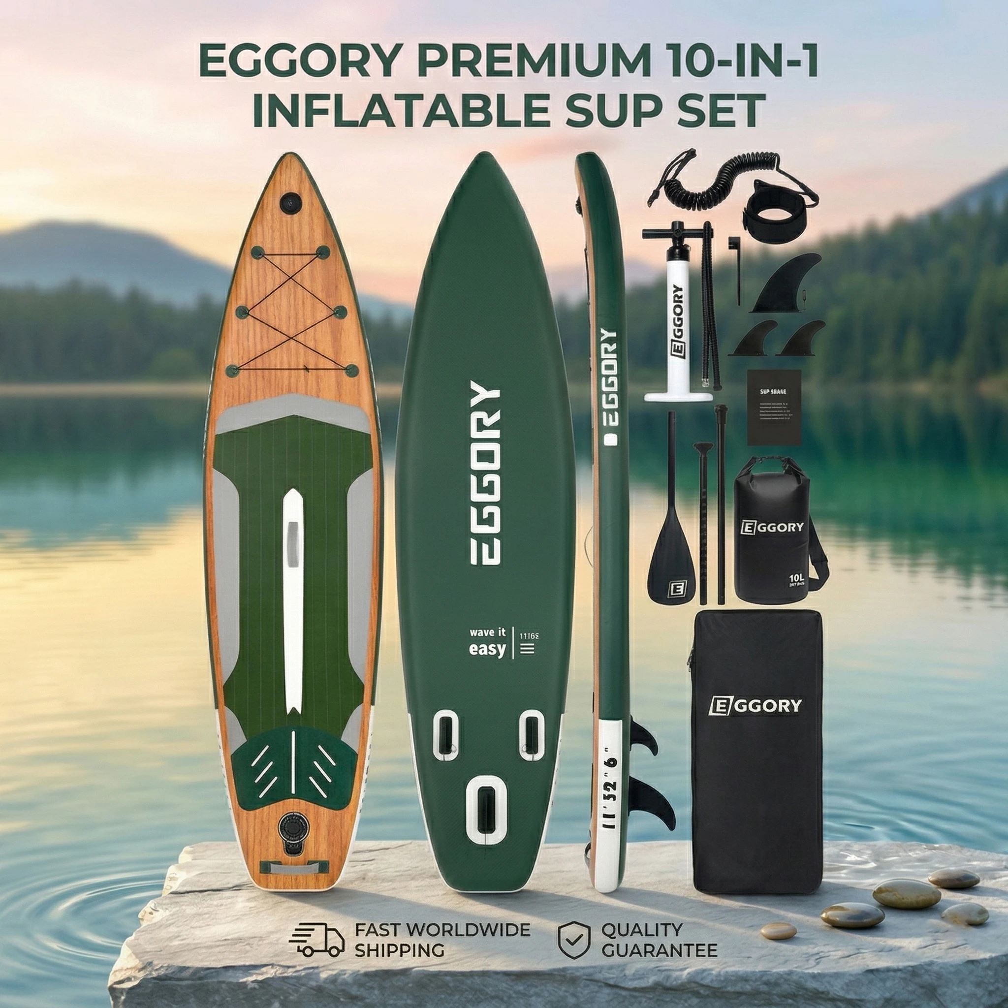 EGGORY Premium 10-in-1 Stand-Up-Paddleboard 11FT Naturholz ISUP Komplettset für Erwachsene Touring Surfing SUP Board