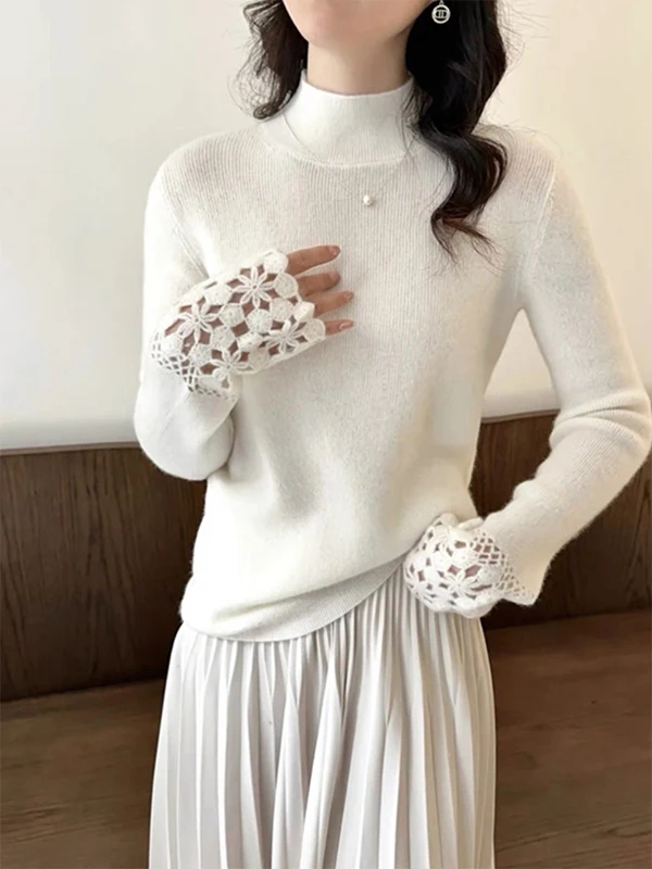 

Faionable Lace Splice f High Collar Knitted Sweater Women's Slim Fit Base irt Sle Korean Commute Winter Design Sense
