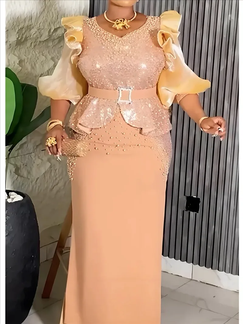 

Plus Size African Party Dresses for Women Dashiki Sequin Maxi Long Dress Elegant Outfits Muslim Wedding Evening Gown 2025