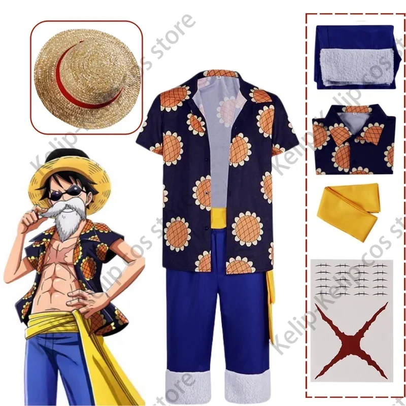 Anime Monkey  Luffy Cosplay Costume Straw Hat Boy Wano Kuni Country Summer Sunflower Printed Shirt Men Halloween Party Suit