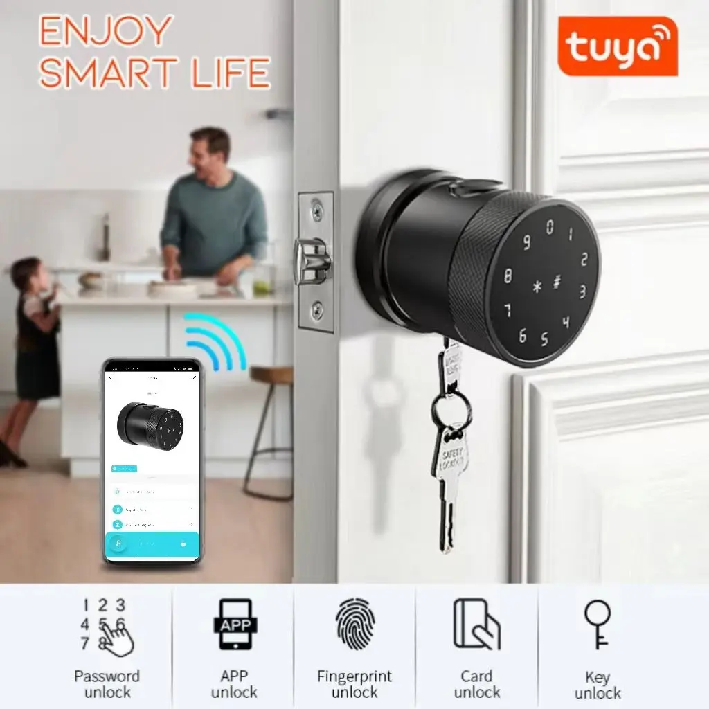 

Hot Sell Tuya European Cylinder Smart Door Lock with Knob for Courtyard Doors Bedroom Wooden Door Smart Fingerprint TTlock