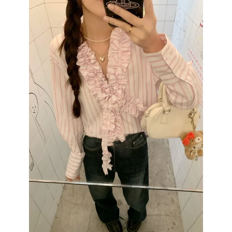 Deeptown Pink Striped V Neck Women Shirt Sweet Long Sleeve Ruffles Patchwork Korean Fashion Baggy Blouses Youthful Aesthetic