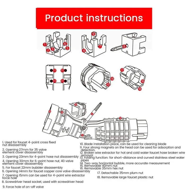 maiABIY 18 in 1 Bathroom Pipe Wrench Faucet and Sink Installer Tool Multifunction Faucet Wrench Tool Plumbing Tool