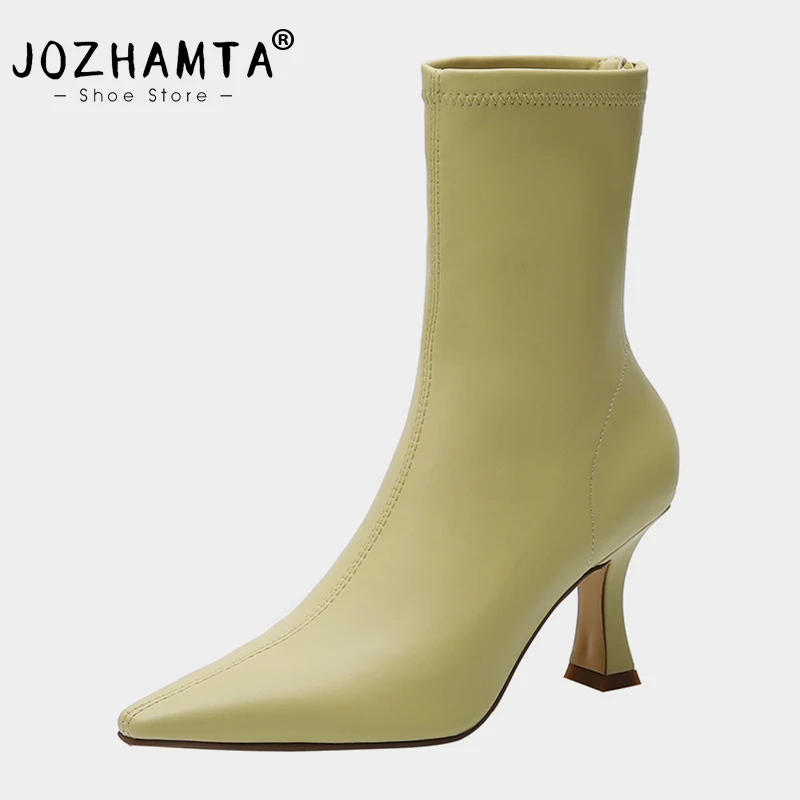 JOZHAMTA Size 33-40 Women Elastic Boots Sexy Pointed Toe High Heels Shoes Woman Winter Fashion Zipper Ankle Boots Office Ladies