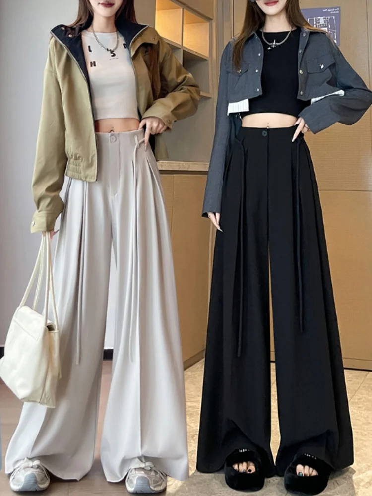 กางเกงสูทพลีทสีขาวสำหรับผู้หญิง ฤดูใบไม้ผลิ ฤดูใบไม้ร่วง 2025 รุ่นใหม่ พร้อมเข็มขัด เอวสูง ทรงหลวม ขากว้าง สไตล์ลำลอง