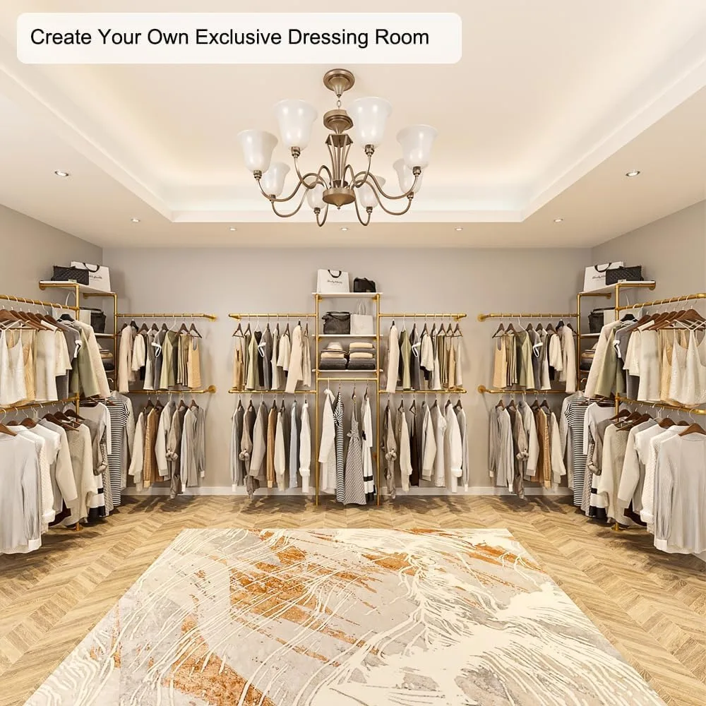 インダストリアルスタイルの壁掛け式頑丈なゴールドパイプ製衣類ラック（調節可能な棚とコーナークローゼットシステム付き）