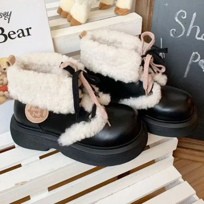 Japanese Kawaii Ankle Boots Women Pure Color Lace-up Sweet Plush Shoes Female Street Fashion Casual Boots Autumn 2024 New