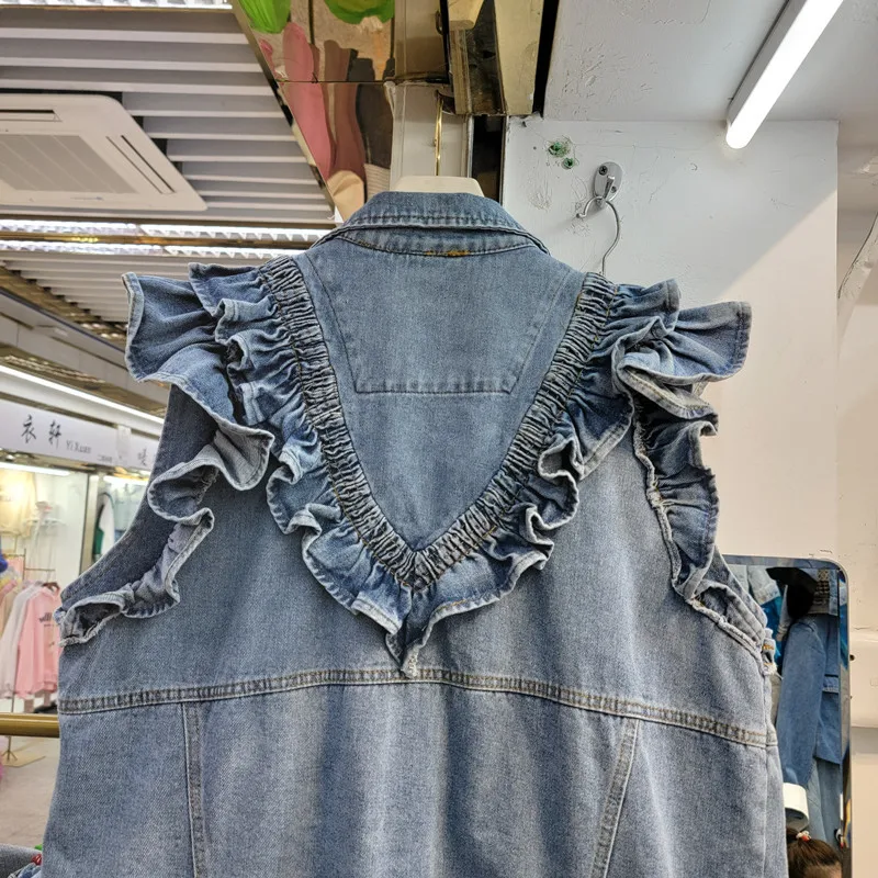 Imagem -05 - Ruffles Splicing Denim Vest Mulheres Colete Vintage Azul Preto Cowboy Jaqueta sem Mangas Solto Casual Mid Long Jeans Vest Feminino