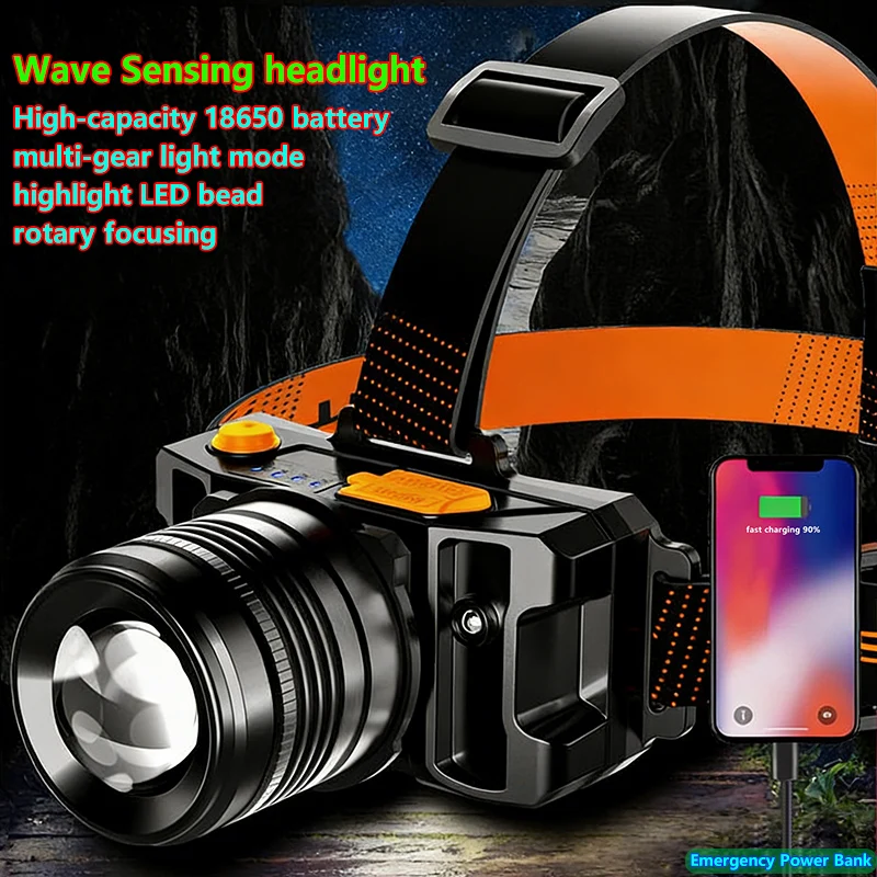 Smart Induction White Light LED Headlight Zoom USB Charging Sensor LED Headlamp Outdoor Multi-Function Head Torch Lantern Lamps
