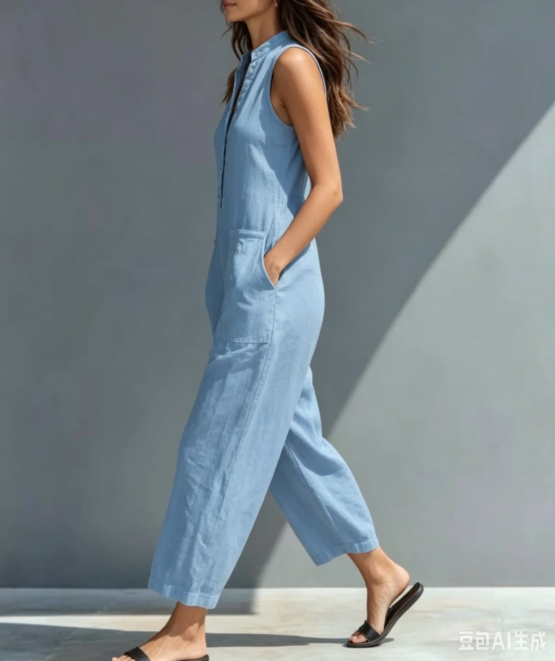 

Summer V Neck Button Jumpsuit Women Holiday Sleeveless Pocket High Waist Wide Legs Jumpsuits Casual Commuting Ladies Bodysuits