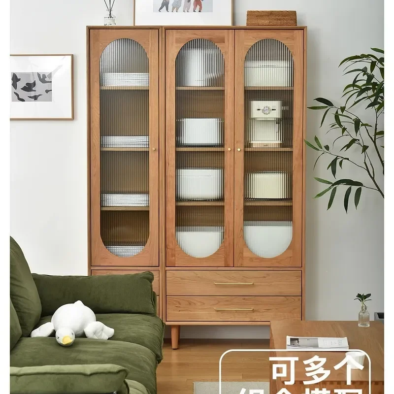 Nordic Solid Wood Bookcase with Glass Door Log Oak Cherry Japanese Style Floor to Ceiling Narrow Bookshelf Storage Cabinet - view 2