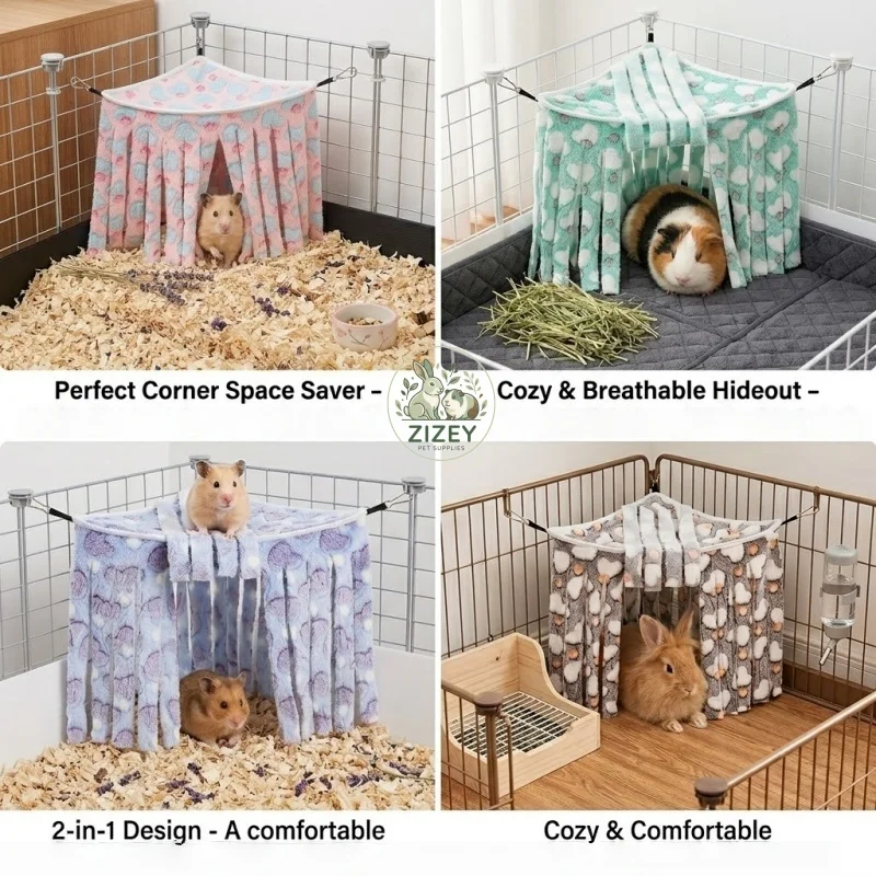 Small Animal Corner Hideout Fleece Forest Guinea Pig Hanging Hammock Tassel Tent with Hooks for Chinchilla Hamster Cage Accessor