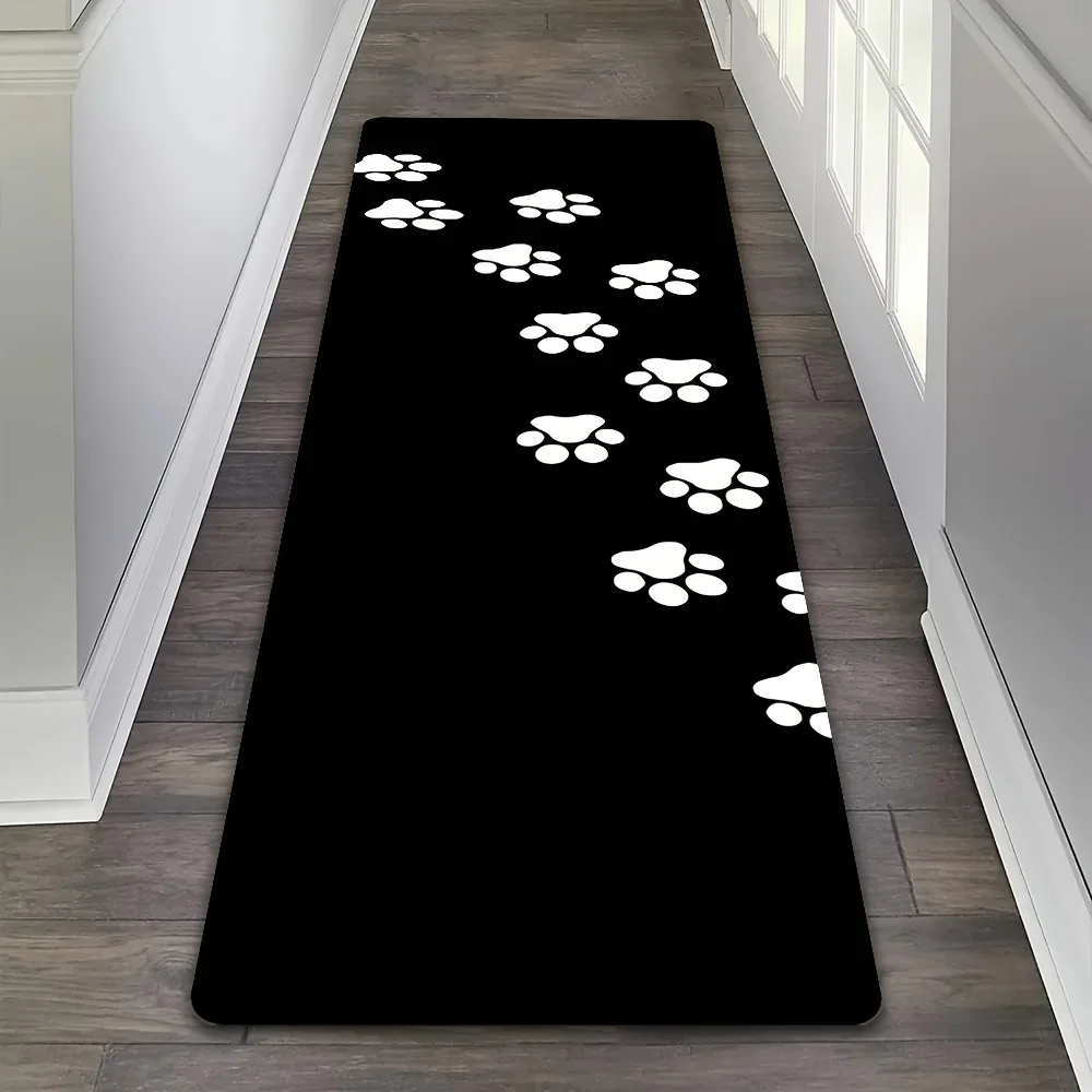 -1pc Minimalist Black Pet Paw Print Hallway Runner Rug, Machine Washable Rug for Hallway, Living Room, Bedroom, Sunroom - Hard
