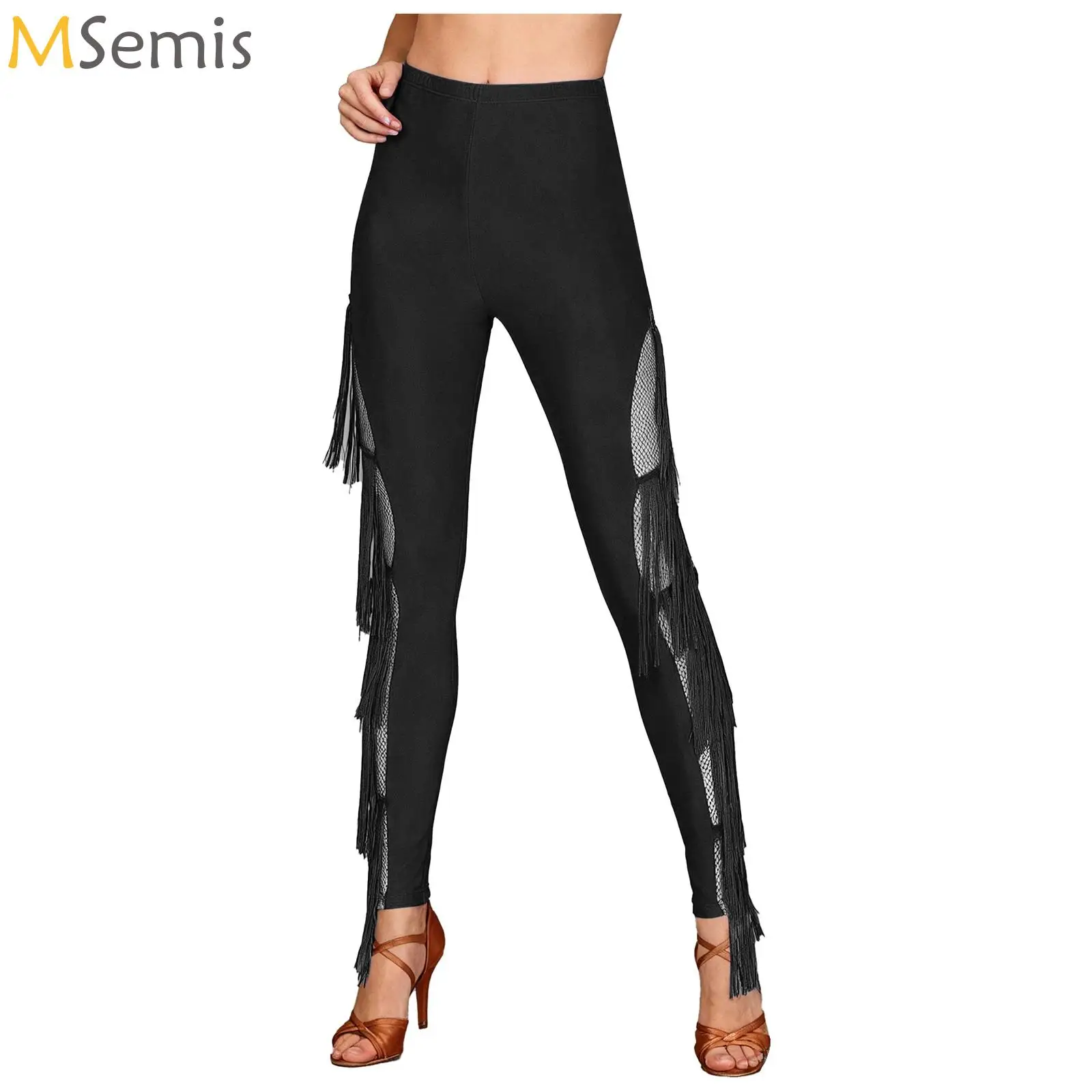 

Women Latin Chacha Leggings Side Sheer Mesh Patchwork with Tiered Tassel Skinny Long Pants Tango Salsa Dance Performance Costume