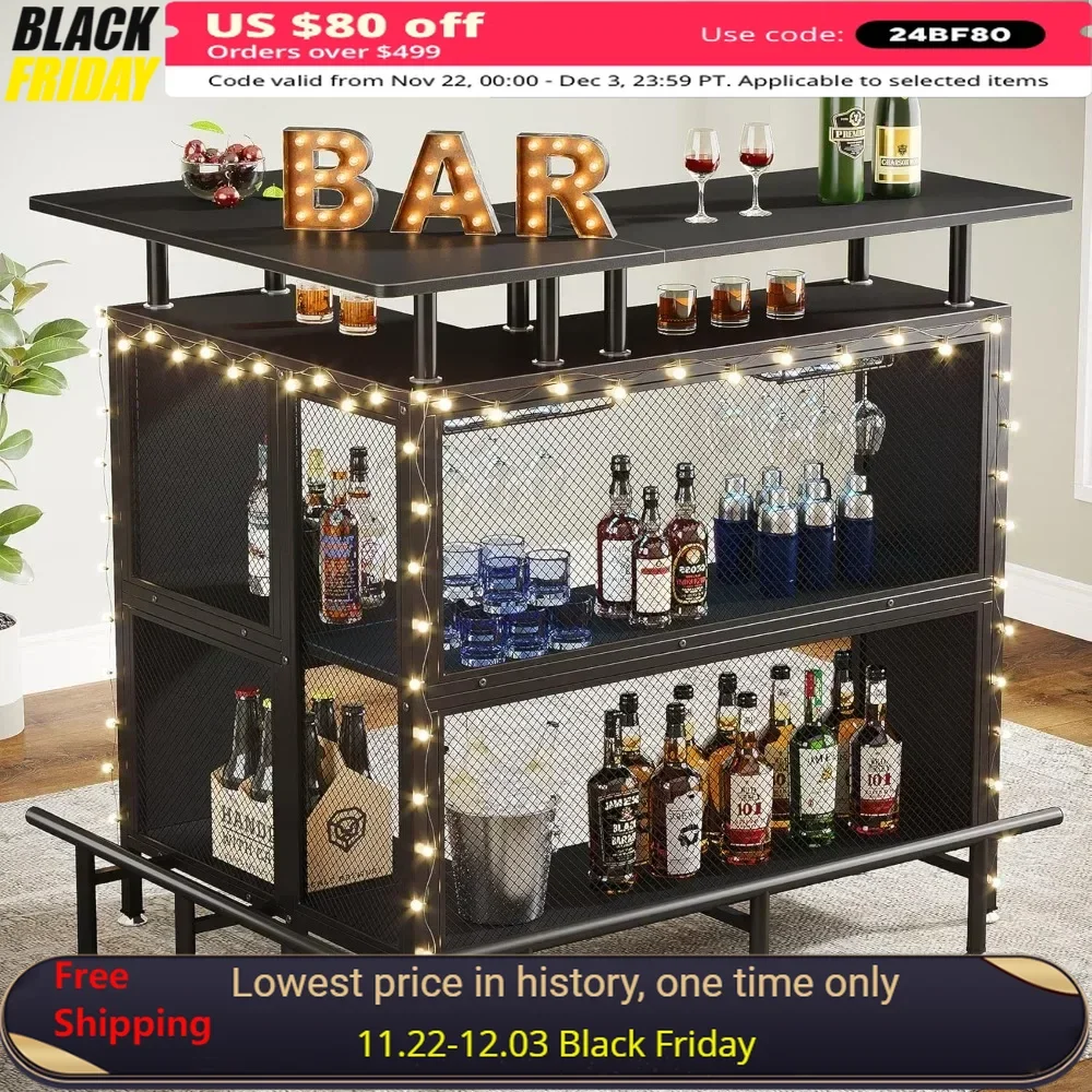 Bar Unit, L-Shaped Bar Table with Stemware Racks and 2-Tier Shelves, Corner Mini Coffee Liquor Cabinet with Footrest