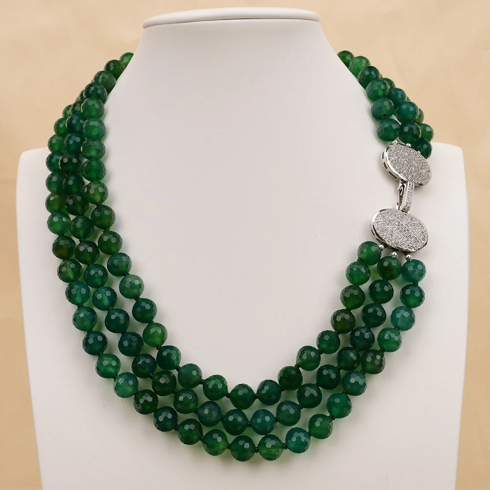

G-G 3 Strands Natural Green Agate Faceted Round Stone Necklace Cz Clasp Handmade Jewelry For Lady