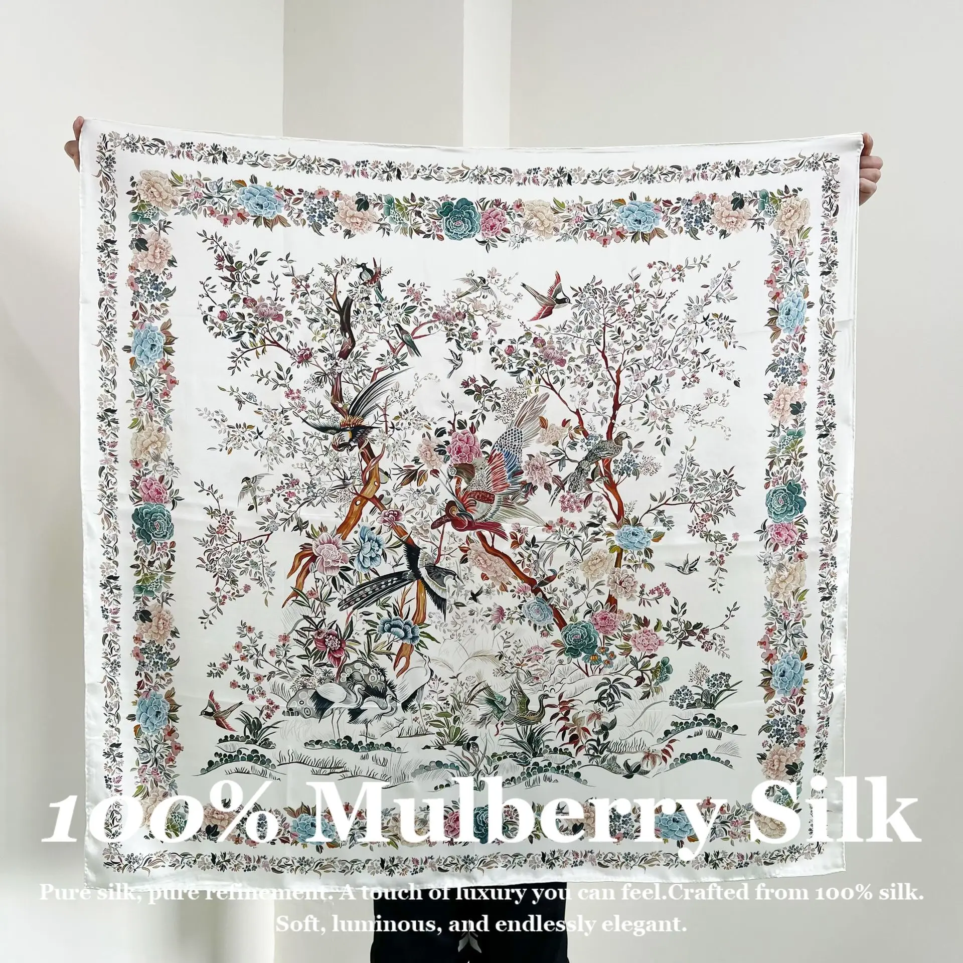 

New Luxury 110cm Square 100% Mulberry Silk Scarf Real Silk Hand Rolled Edge Large Shawl Wrap Floral Print Hijab Pashmina Poncho