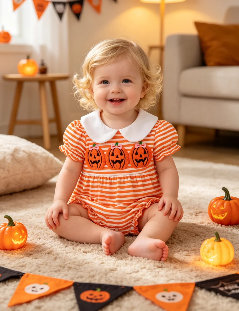 Baby Girls Halloween Pumpkin Bodysuit, Orange White Striped Peter Pan Collar Short Sleeve Romper