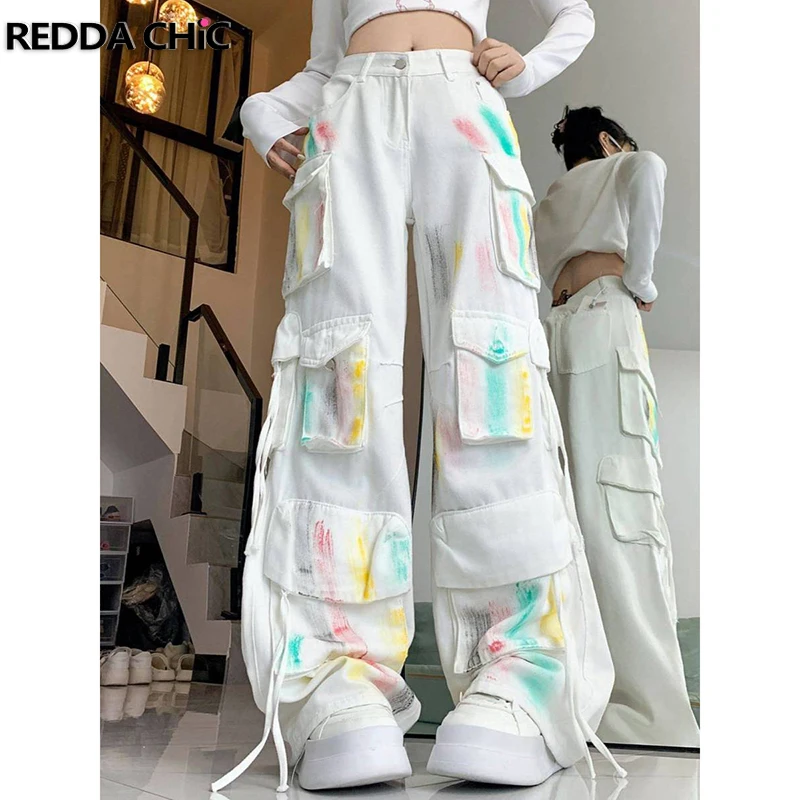 REDDACHiC Denim White Graffiti Cargo Pants Women Retro Multi-pocket High Waist Pintuck Wide Leg Baggy Jeans Hiphop Y2k Workwear