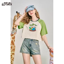 ELFSACK American style raglan color contrast short sleeved t-shirt for women's 24 summer new front shoulder short short short to