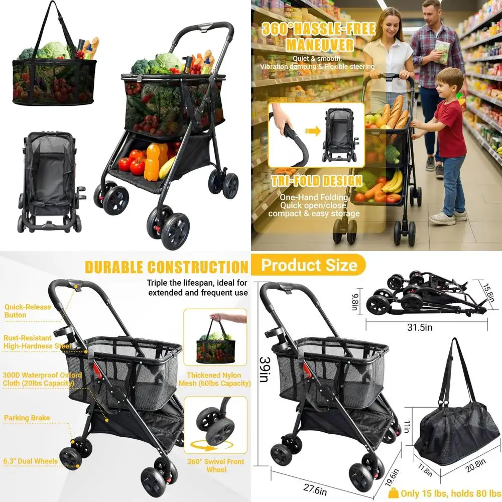 

Enhanced Lightweight Shopping Cart with 80 lbs Capacity, Detachable Baskets, and 360° Swivel Wheels for Grocery, Laundry, and Ca