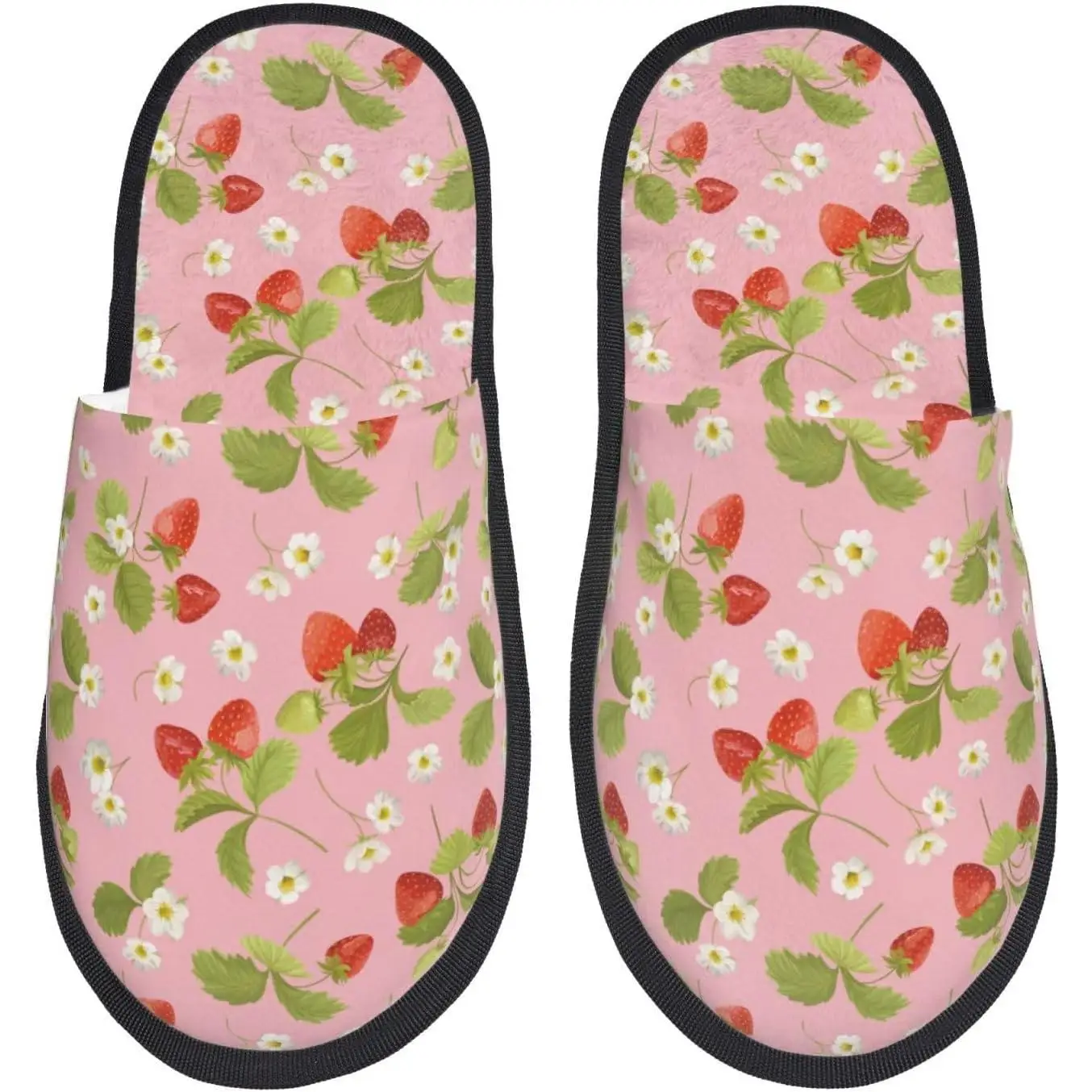 

Strawberry Floral Print Women'S Fuzzy Slip On Indoor Outdoor Winter House Slippers Guest Slippers for Bedroom Women
