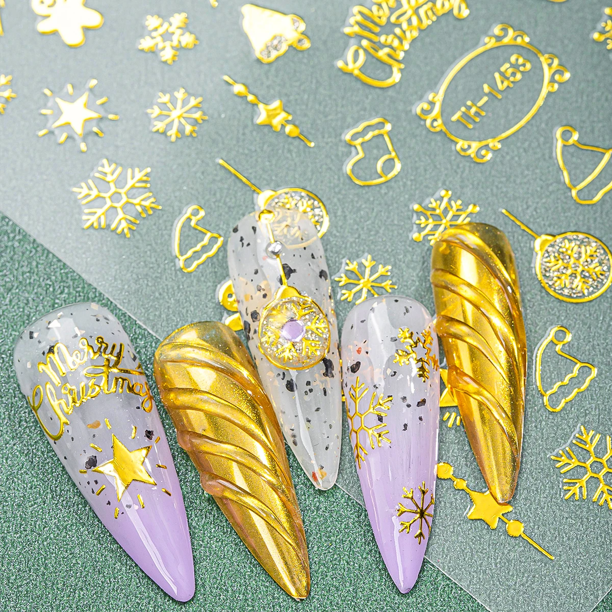 2 uds Navidad 3D copos de nieve dorados estrellas campanas bastón caramelo autoadhesivo Nail Art pegatina para decoración de manicura DIY