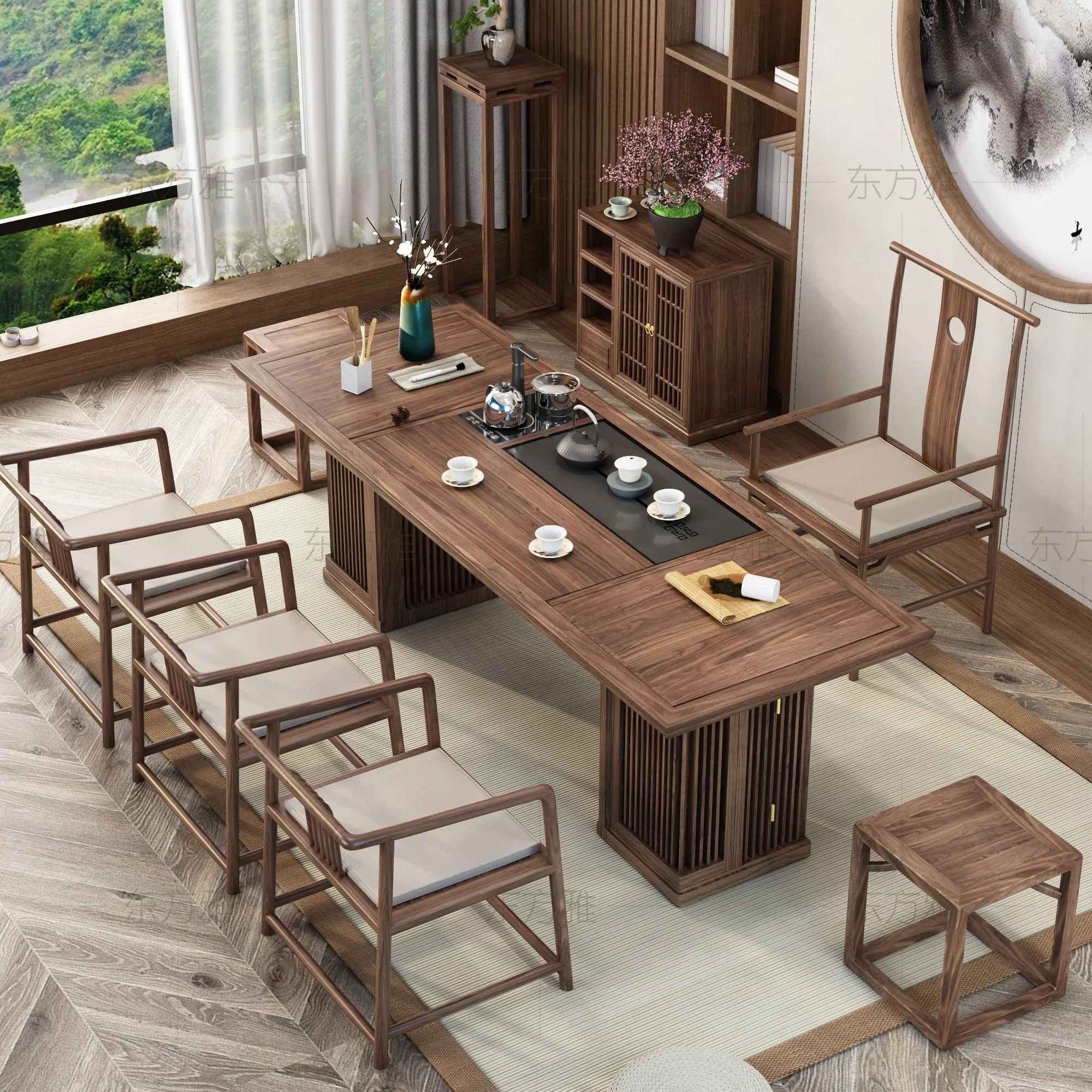 Custom tea table walnut white wax wood office household solid wood kungfu and chairs