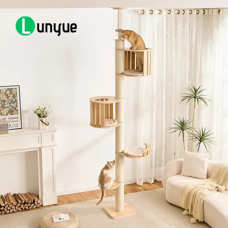 Solid Wood Cat Tree Tower Vertical Climbing Frame with Nest Space Saving Multi Cat Activity Center Sturdy Upright Scratching