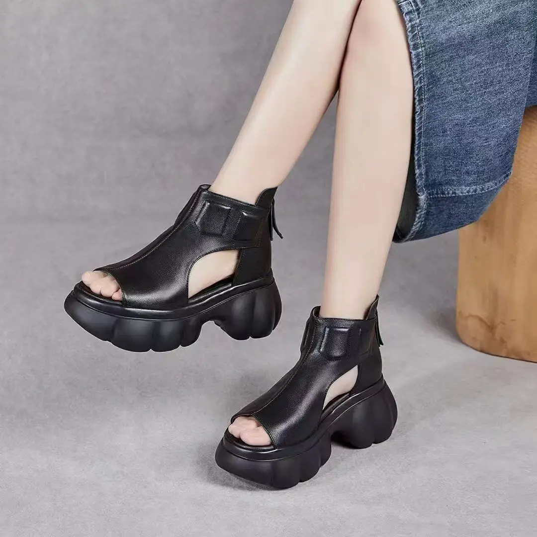 Women Leather High Top Wedges Peep Toe Sandals Summer New Thick Sole Lightweight Breathable Casual Beach Sandals Ankle Cool Boot - view 4