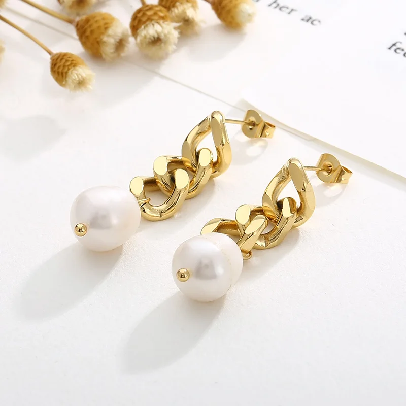 

French Shell Imitation Pearl Dangle Stud Earrings For Women Gold Color Stainless Steel Eardrops High Grade Temperament Jewerly