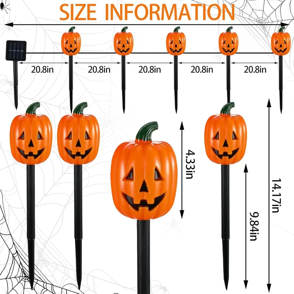 20 Pcs Halloween Pumpkin Stake Lights Solar Pumpkin Pathway Markers String Lights Halloween Light up Jack O Lantern Pathway