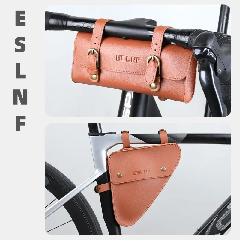 ESLNF Retro Triangle Bag Bike PU Leather Bicycle Front Frame Ultra-light Tube Small Packet Repair Tool Pouch Cycling Accessory