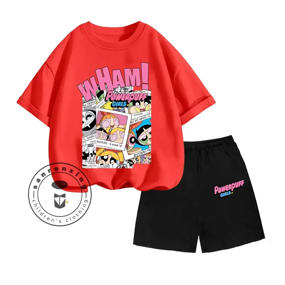 2025 3-13 Years Old Powerpuff Girls Cartoon Printed Set Summer Absorb Sweat Print Design T-shirt T-shirt+loose Edition Shorts