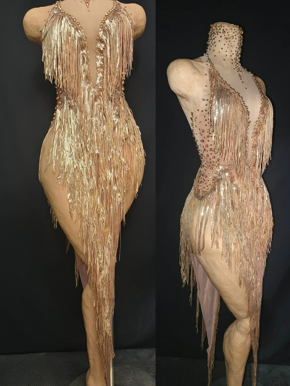 Nappe con strass dorati scintillanti Compleanno Festeggia abito da sera Donna Sexy trasparente Performance Costume da ballo Abbigliamento da palcoscenico