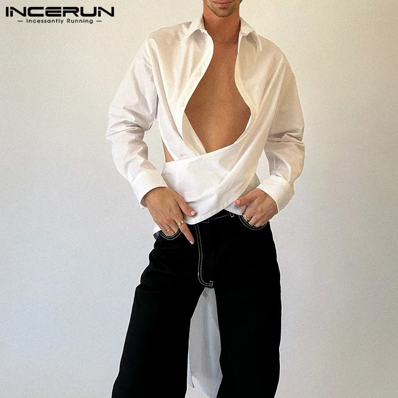 INCERUN 2024 New Men's Deconstructive Backless Bow Shirts Handsome Male Solid Color Comfortable Loose Long Sleeved Blouse S-5XL