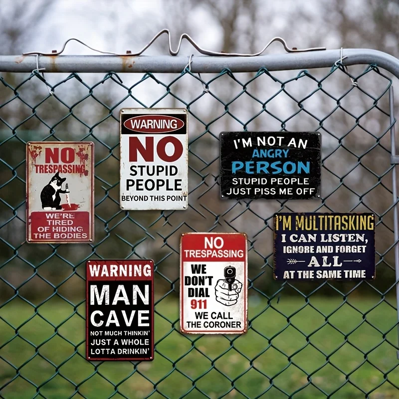 Decorative Sign & Plaque 6pcs Vintage Metal Sign Stickers, 12.0X8.0inch Wall Decor with Humorous & Sarcastic Warnings for Home,