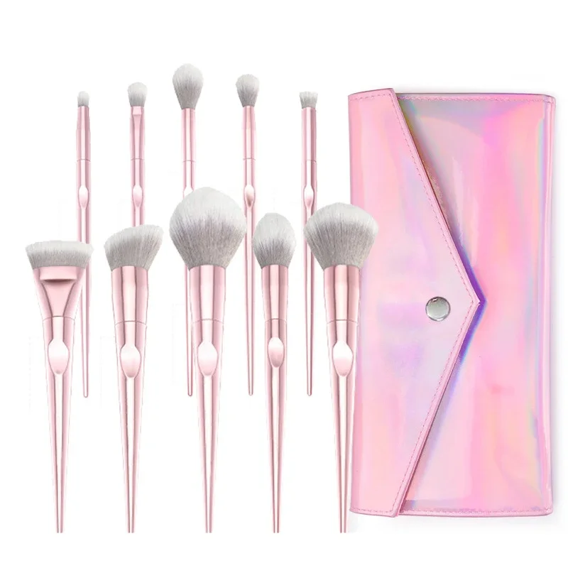 high-quality-wnw-laser-pink-10pcs-makeup-brush-set-with-bag-taper-powder-highlighter-blending-concealer-blush-make-up-brush-kit