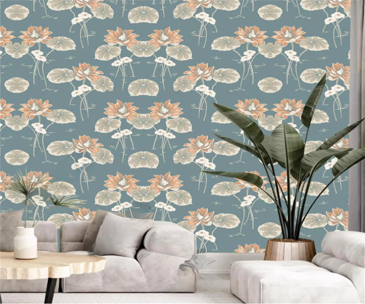 Customized Wallpaper Retro Blue Lotus Ink Painting Photo Wallpaper Bedroom Background Wall Decorative Wallpaper papel tapiz