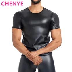 New Men's Body Shaper Black T-Shirt Faux Leather Short Sleeve Tops Male Slimming Shirt Waist Trainer Leather Shapewear Underwear