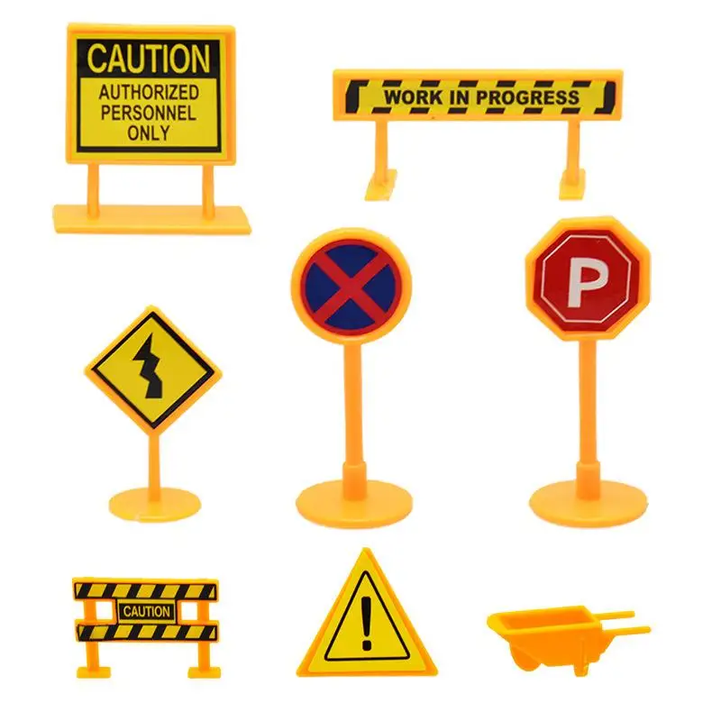8 pezzi di cartello stradale per ingegneria cittadina per casa delle bambole, modello di traffico giallo, oggetto di simulazione, ornamento, giocattoli in miniatura, accessori per casa delle bambole