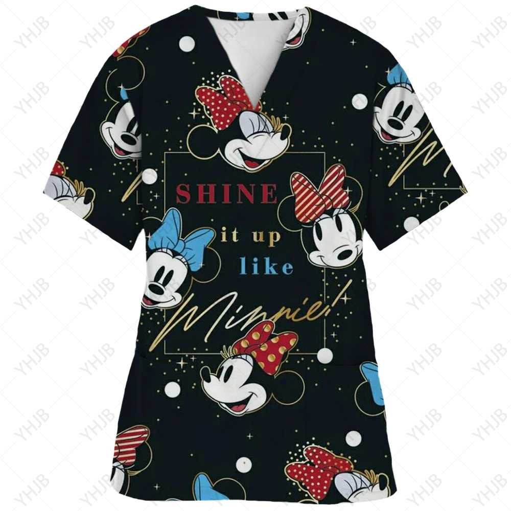 Nurse Scrubs Blouse Uniforms Woman Working Short Sleeve V-neck Disney Minnie Mickey Mouse Print Uniforms Tops Nursing Clothes