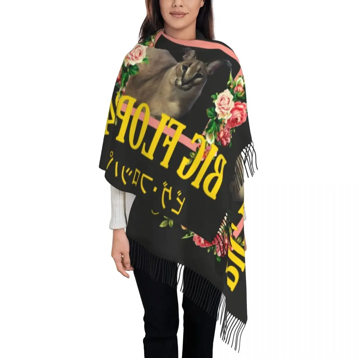 Fashion Big Floppa Floral Aesthetic Tassel Scarf Women Winter Warm Shawls Wraps Ladies Cat Meme Scarves