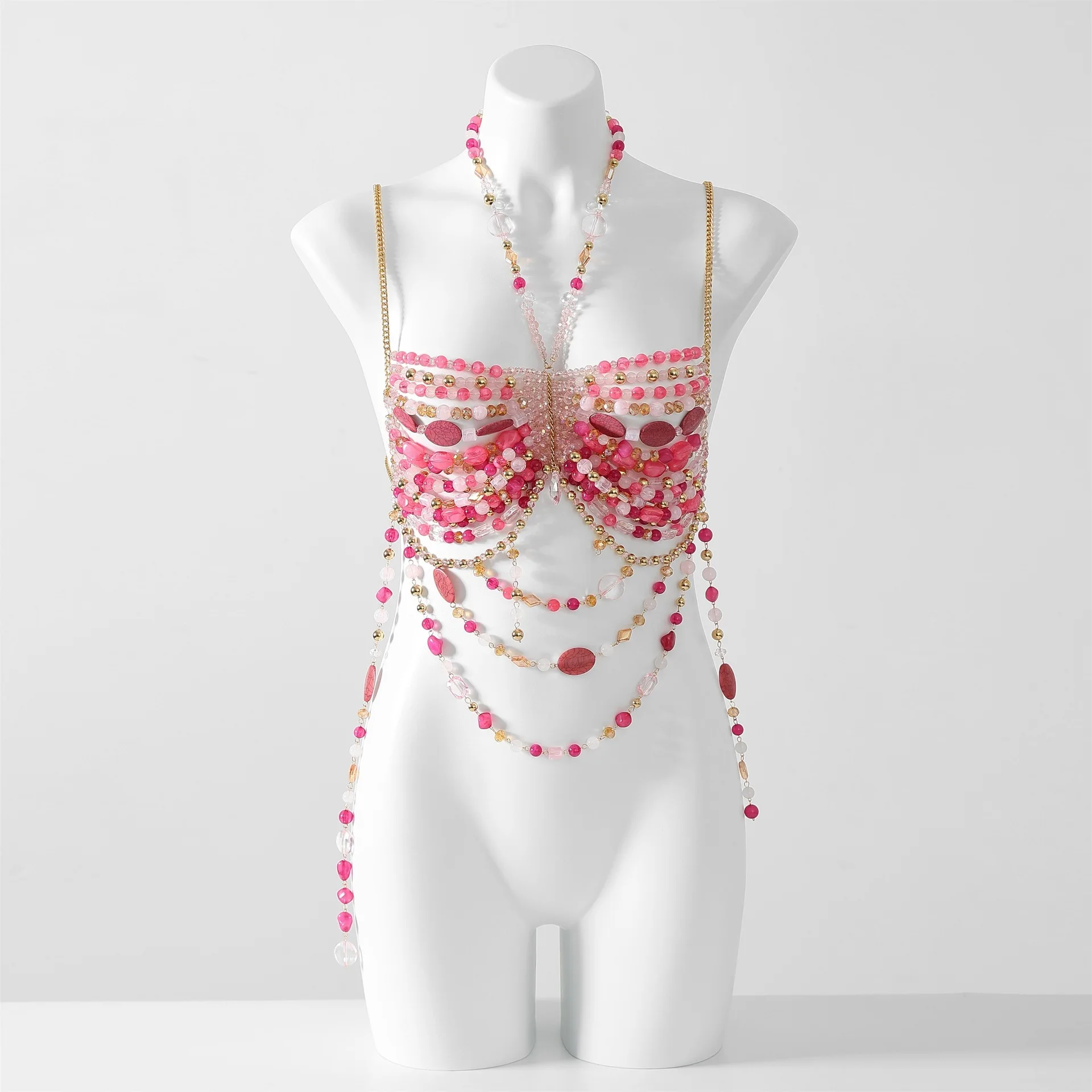 Handmade Body Chain Bead Top With Hollowed Out Spicy Girl Backless Red Gemstone Body Chain Hanging Neck Handmade Bead Vest