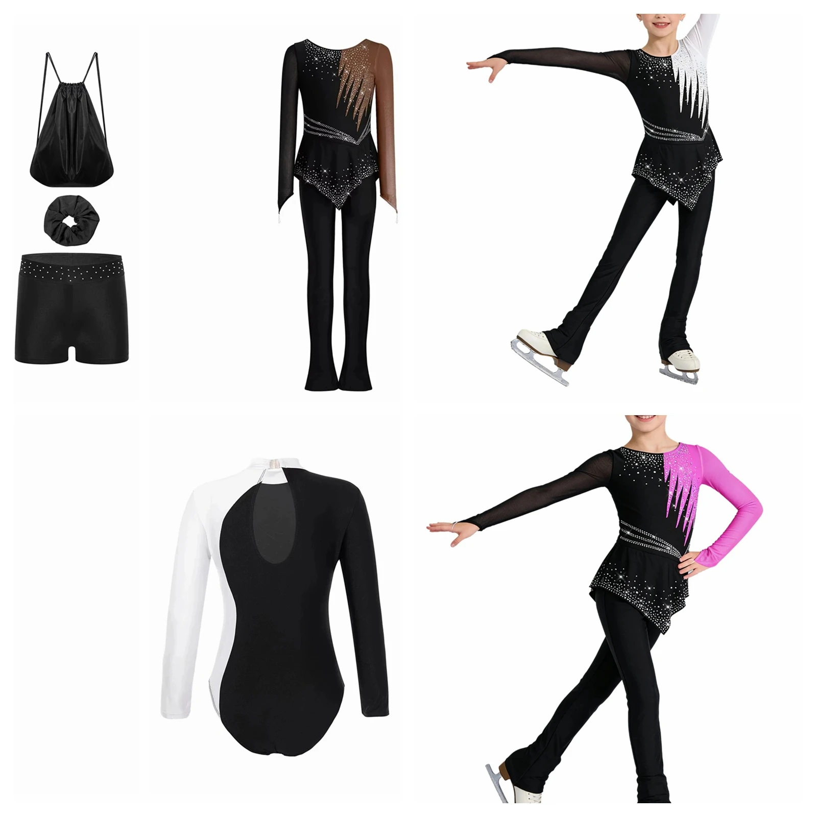 Children's Gymnastics Suit Rhinestones Ballet Dance Outfits Peplum Bodysuit Kids Girls Figure Skating Jumpsuit with Finger Holes view 3