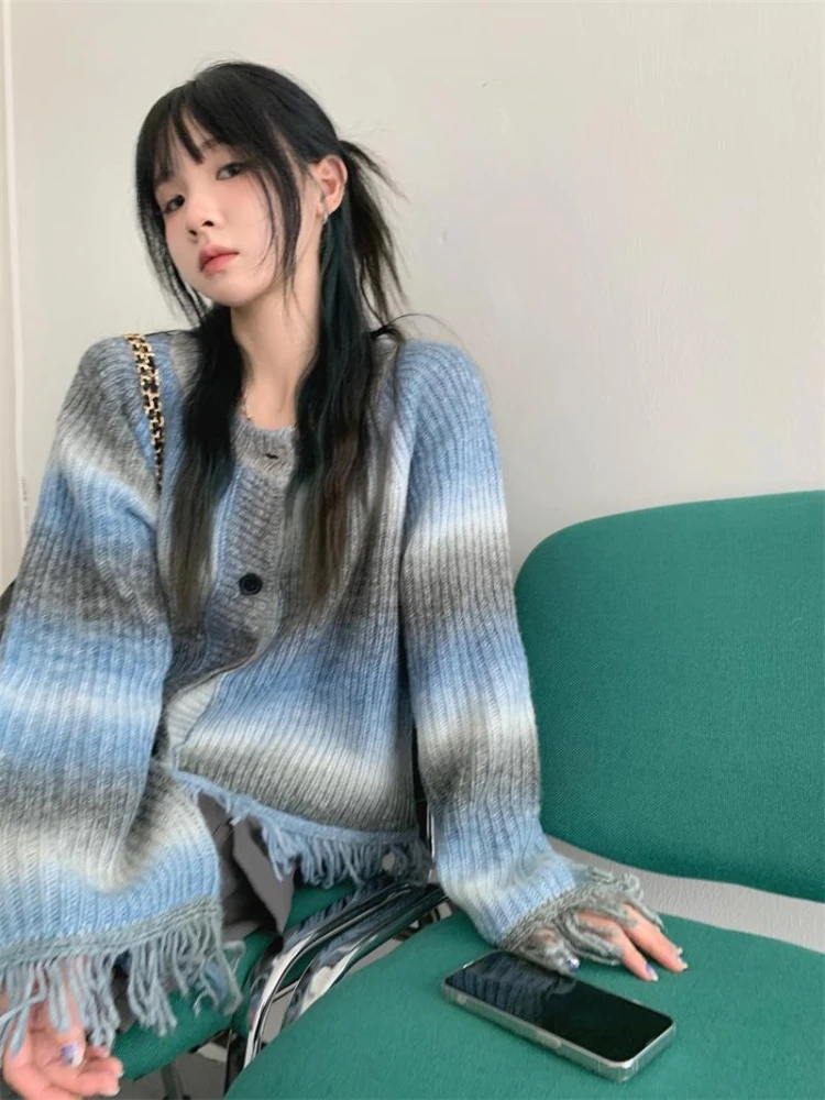 Y2K Sweater rumbai kardigan wanita, jaket atasan Crop rajut ikat antik Harajuku rajutan longgar Korea musim gugur 2023