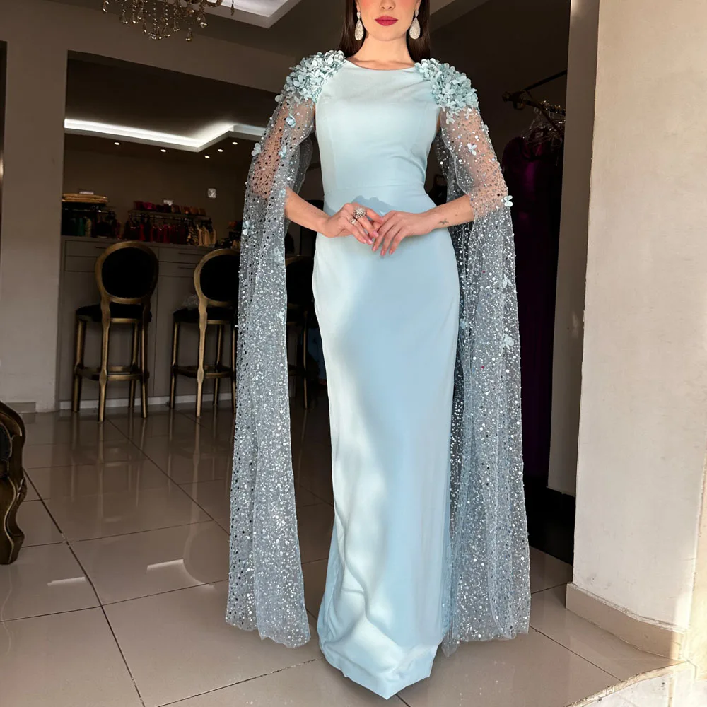 Customized Bodycon Evening Dresses with Cape Sleeve Flower Detail Shoulder Formal Prom Gown Back Split Satin Vestidos de fiesta