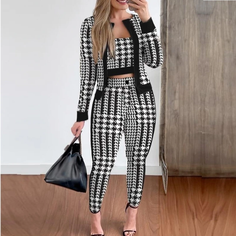 

3 Piece Women Set Dashiki African Spring Autumn Matching Sets Houndstooth Three Pieces Sets Top And Pants Suits Outfits Clothing