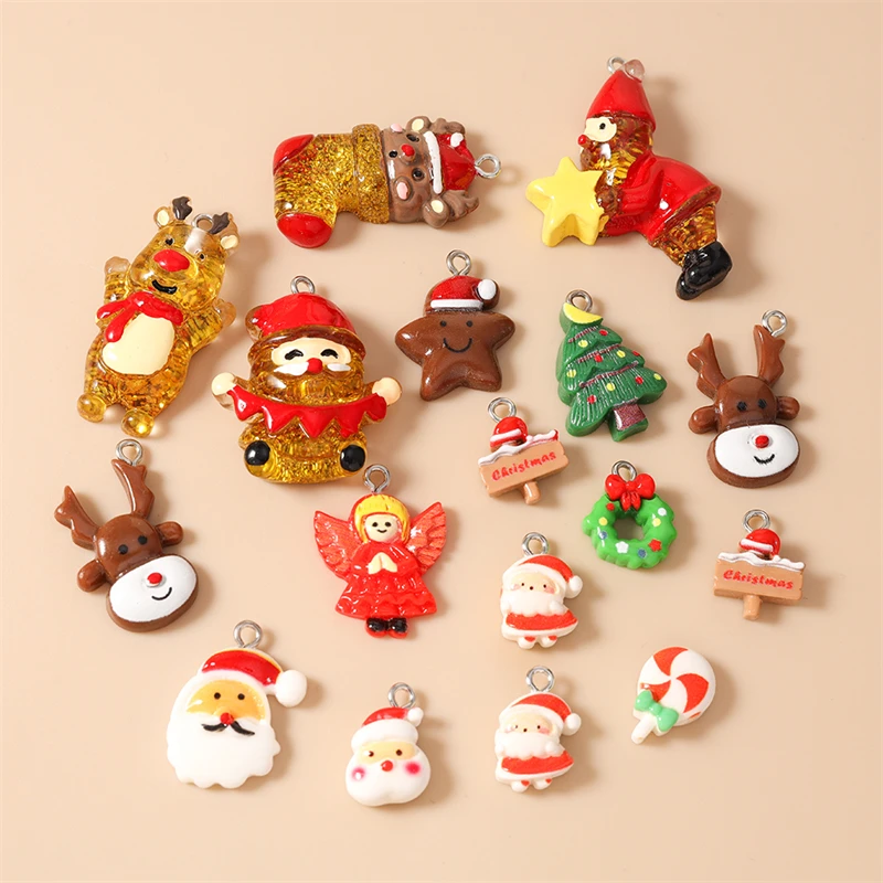 10 Stück niedliche Weihnachtsanhänger aus Kunstharz mit Weihnachtsmann, Rentier und Baum für die Herstellung von Halsketten, Ohrringen, DIY-Bastelarbeiten und Schmuckzubehör – Detail 3