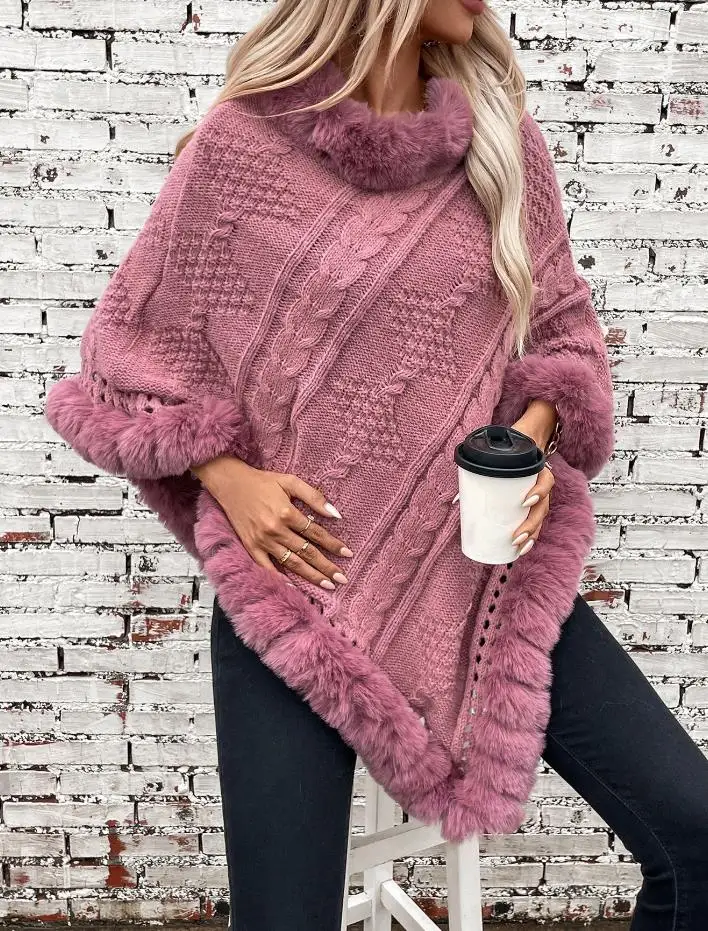 Women's Elegant Pullover 2025 Autumn Winter Latest Warm Rabbit Like Fur Collar Cloak Coarse Fried Dough Twists Sweater Coat Top